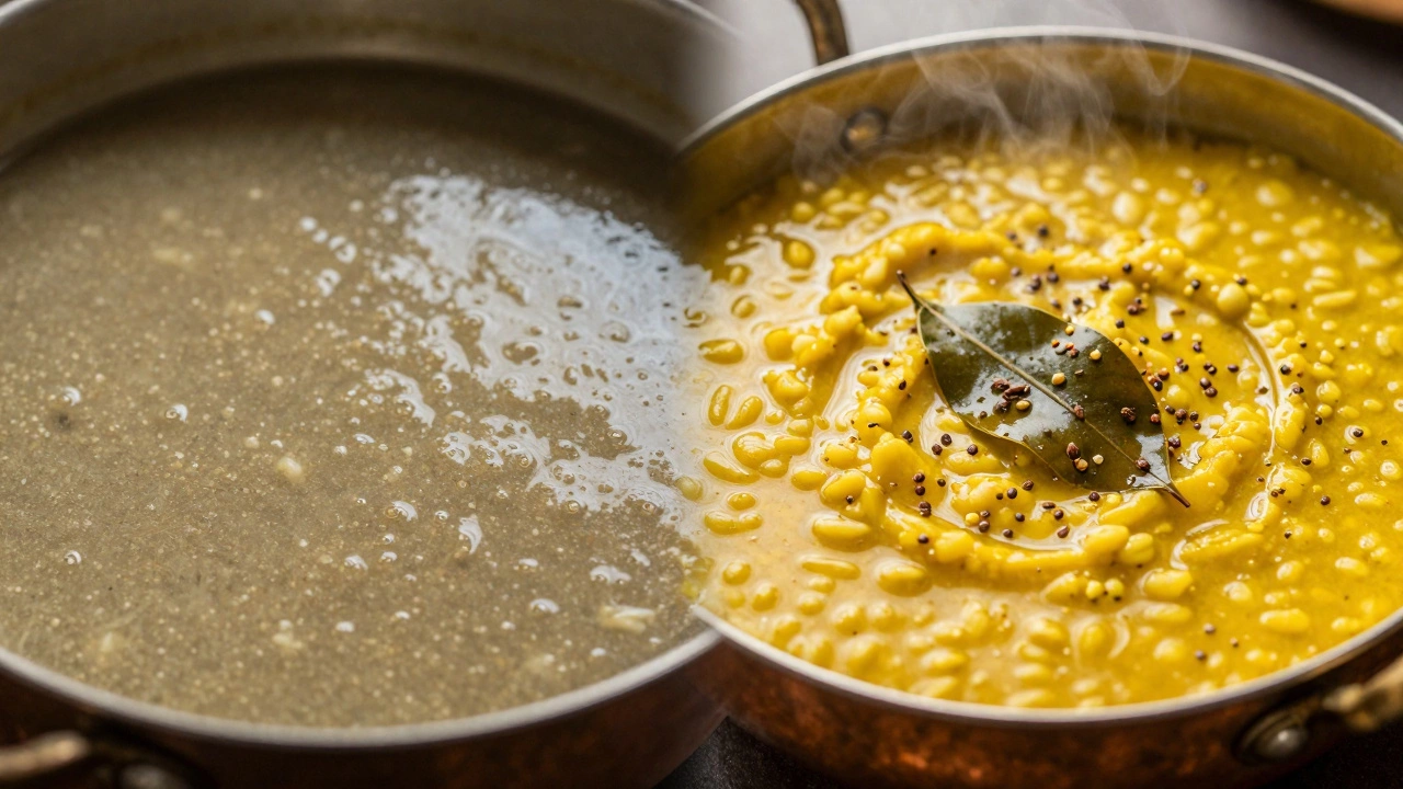 Comparison of cloudy unwashed dal vs vibrant cooked dal tadka