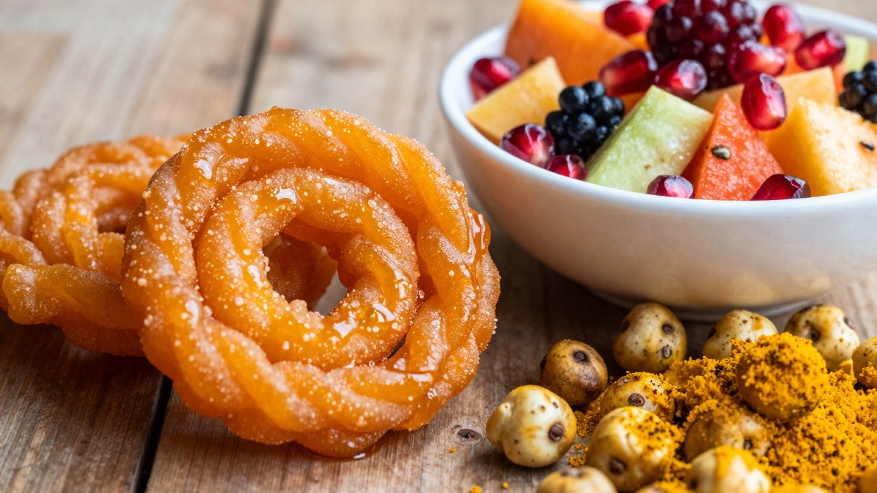 Comparison of sugary jalebi and papad against healthy fruit chaat and roasted makhana.