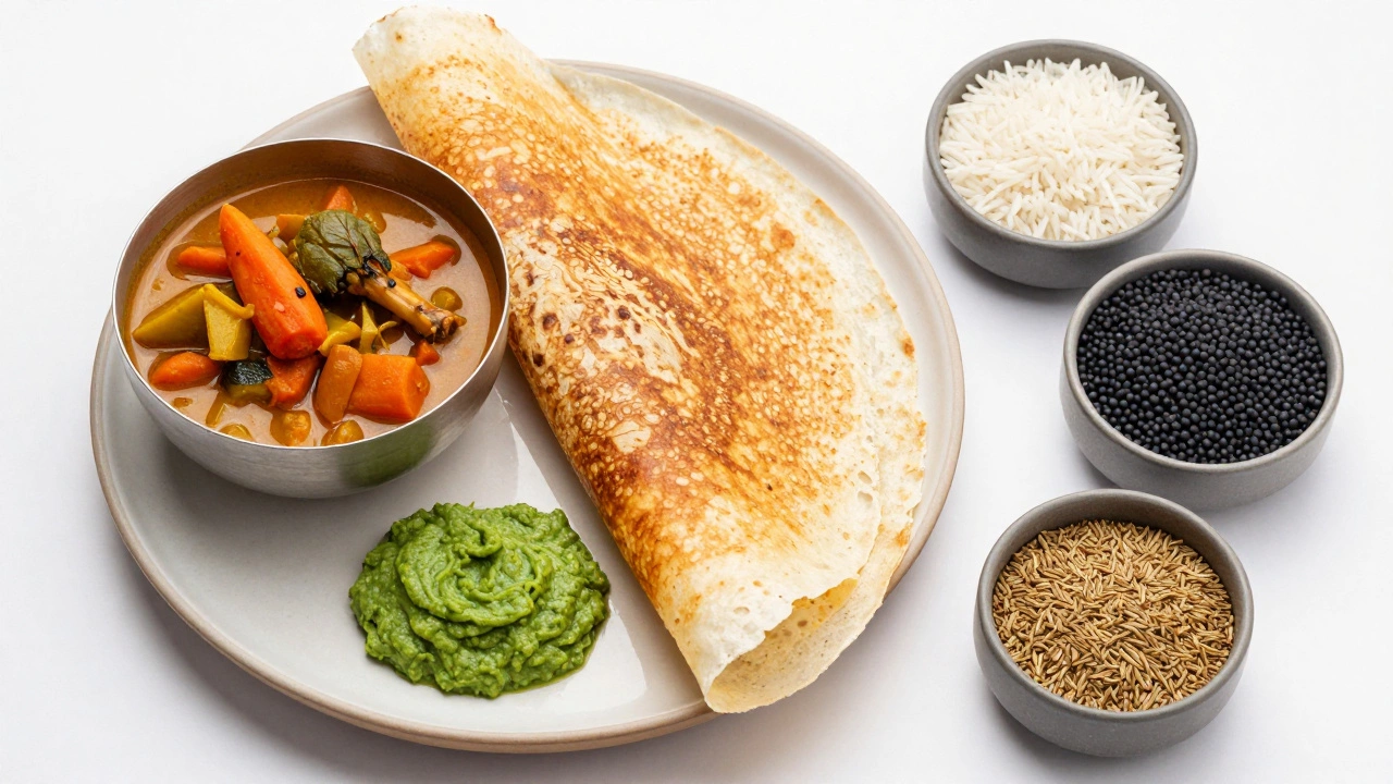 Healthy dosa meal with sambar, chutney, and raw rice and lentil ingredients.