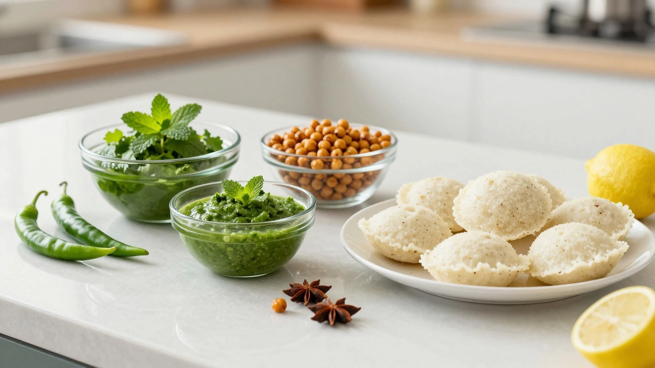 Healthy Indian snack alternatives including mint chutney, roasted chickpeas, and steamed idli.