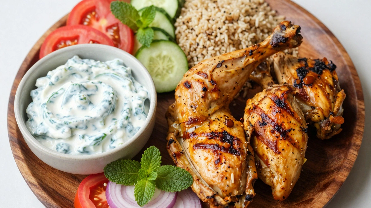 Healthy plate of tandoori chicken with raita and vegetables