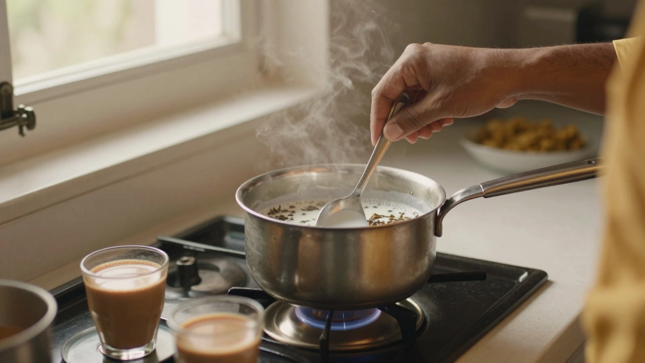 Home kitchen scene of simmering milk and tea leaves being stirred for chai.