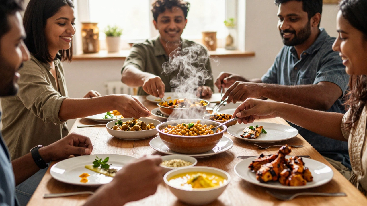 Indian table with veg and non-veg dishes uniting friends
