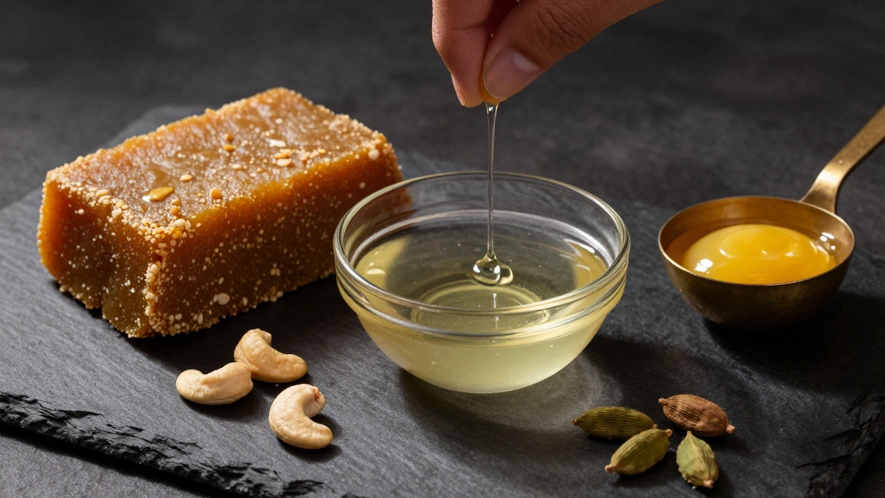 Mawa block, sugar syrup, and ghee arranged with nuts on a dark surface