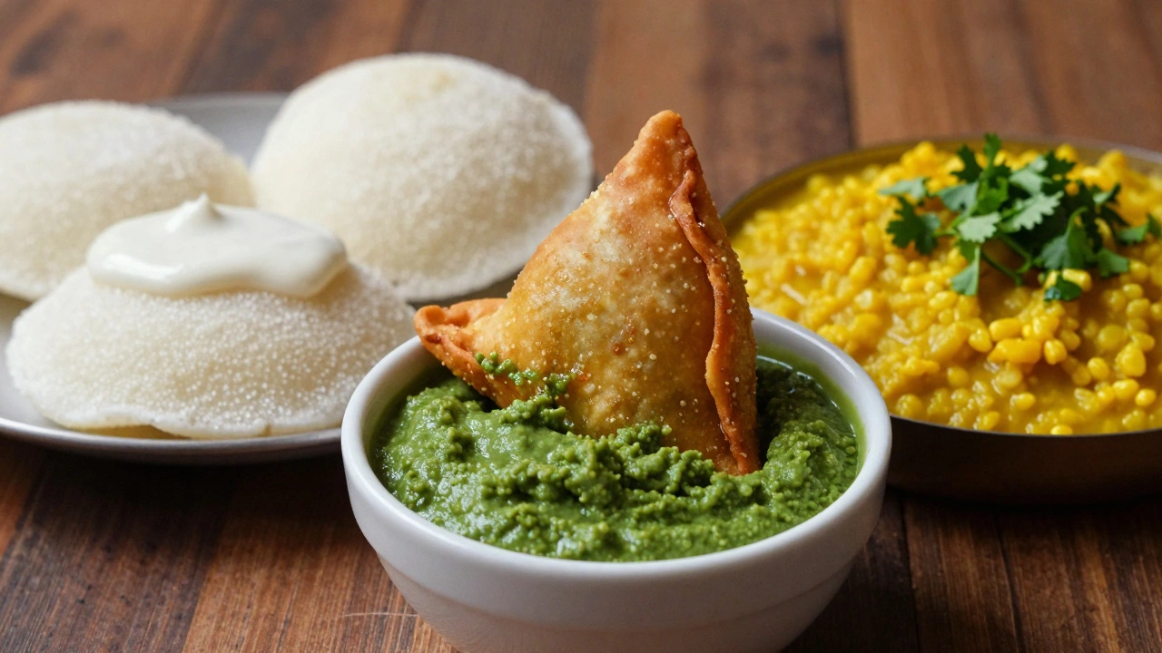 Samosa with smooth chutney and idli with coconut dip