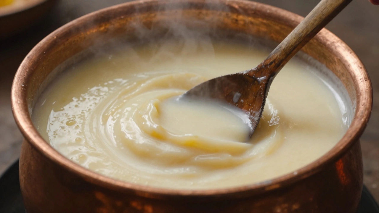 Simmering milk reducing into thick Mawa paste in a copper pot