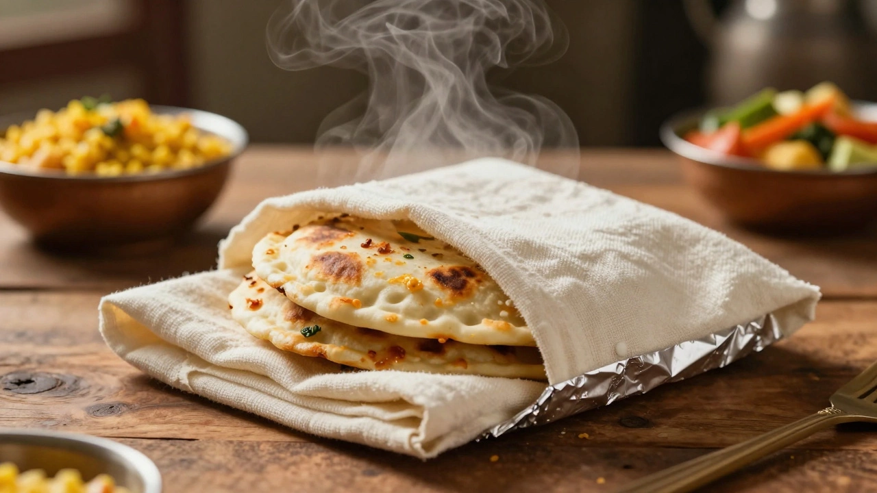 Stack of fresh hot rotis wrapped in cloth to retain steam and softness