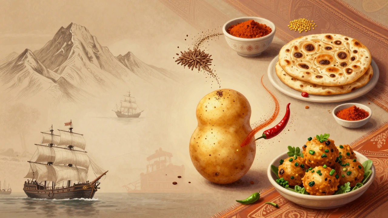 Artistic illustration of potato history and popular Indian dishes with spices