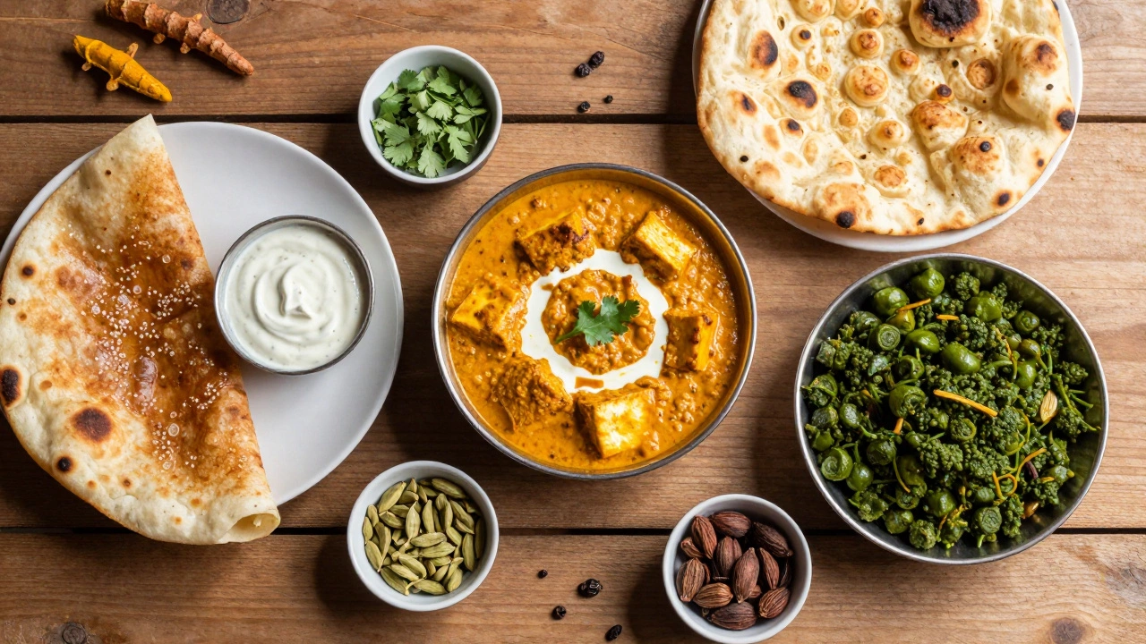 Assortment of Indian vegetarian dishes like paneer and dosa