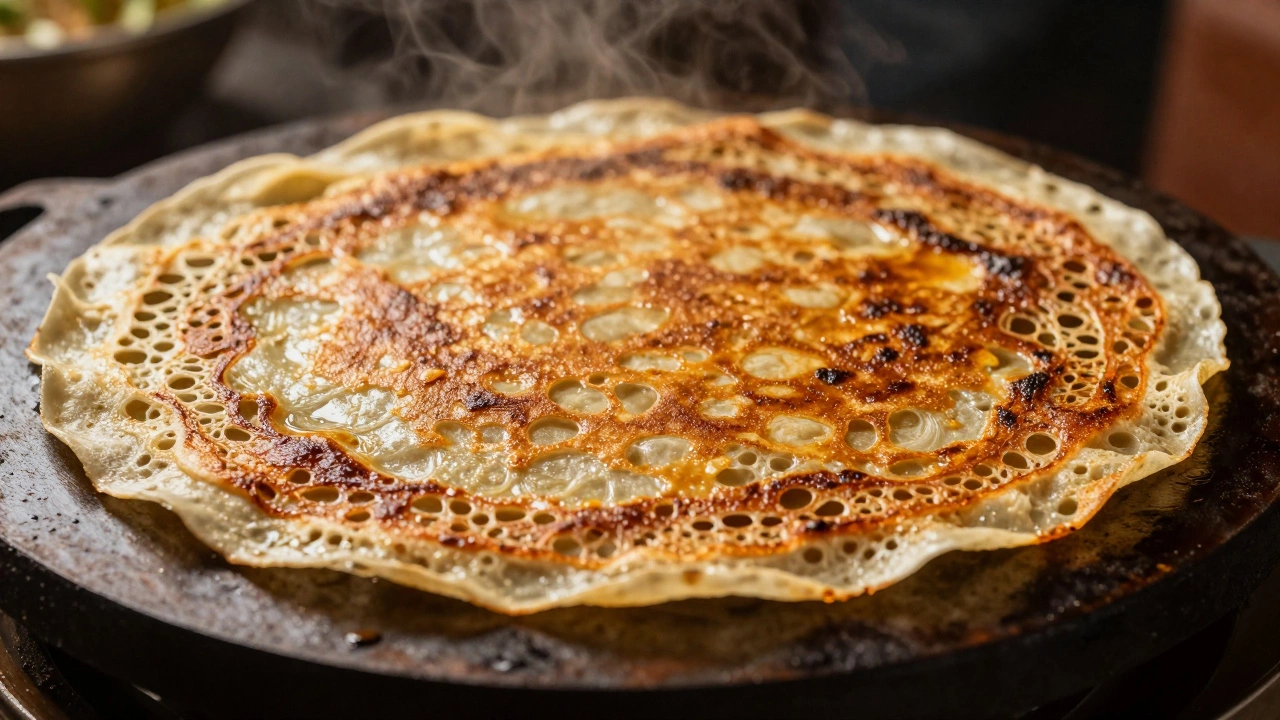 Close-up of a golden, porous dosa cooking on a hot griddle