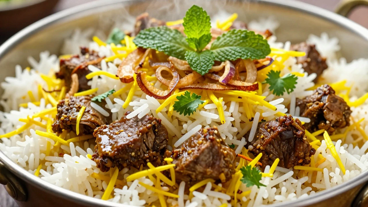 Close-up of layered biryani with saffron rice, meat, and herbs in a pot