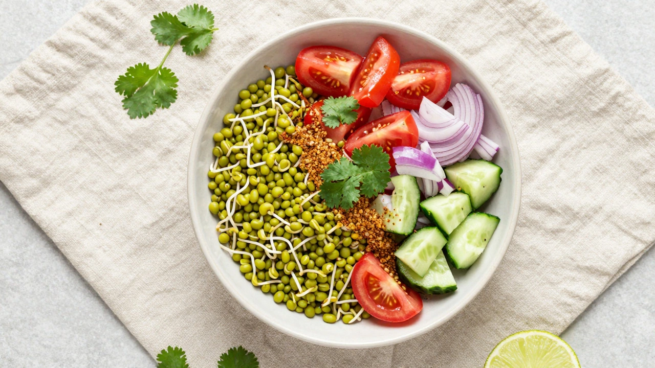 Colorful sprouted moong chaat salad with cucumbers, tomatoes, and herbs