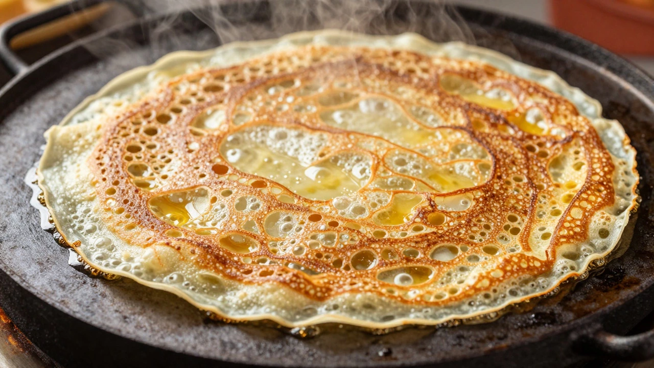 Crispy golden dosa cooking on a hot cast iron griddle