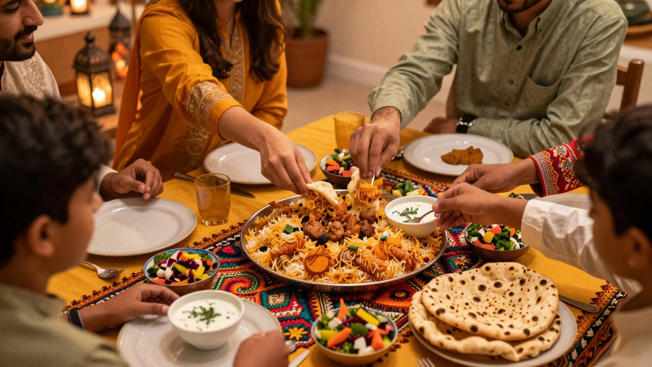 Family sharing a meal of biryani during a festive celebration