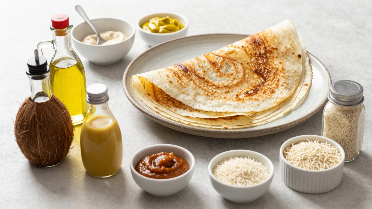 Folded dosa on a plate with various oil bottles arranged in the background.