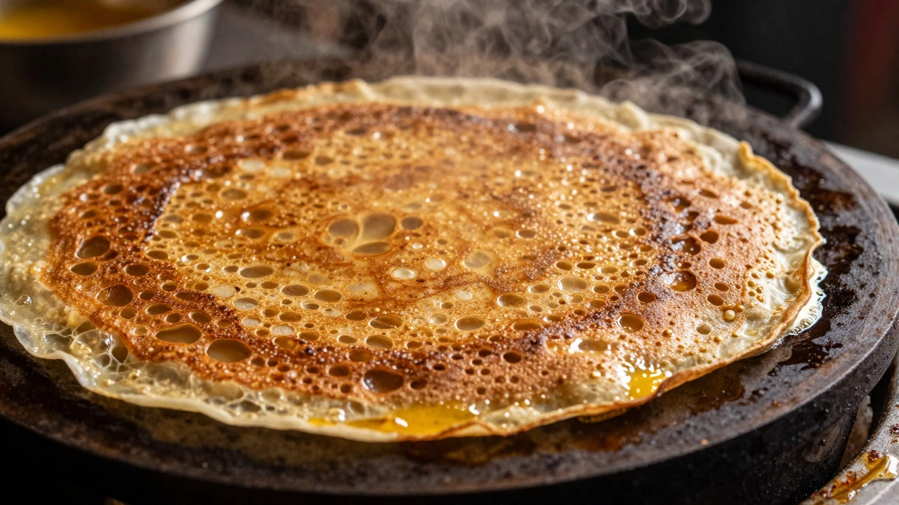 Golden crispy dosa with air bubbles cooking on a hot griddle