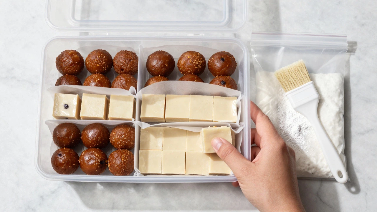 Indian sweets layered with parchment paper in a container for freezing