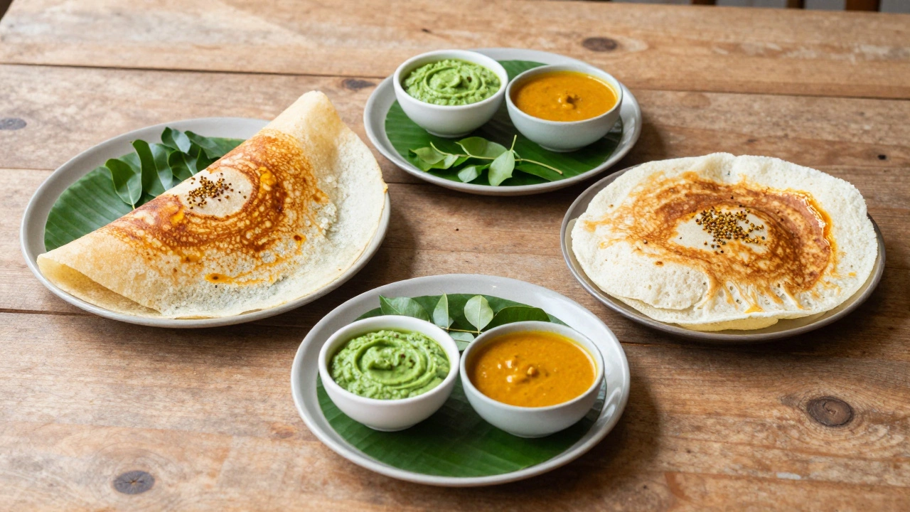 Plates of different dosa styles served with chutney and sambar