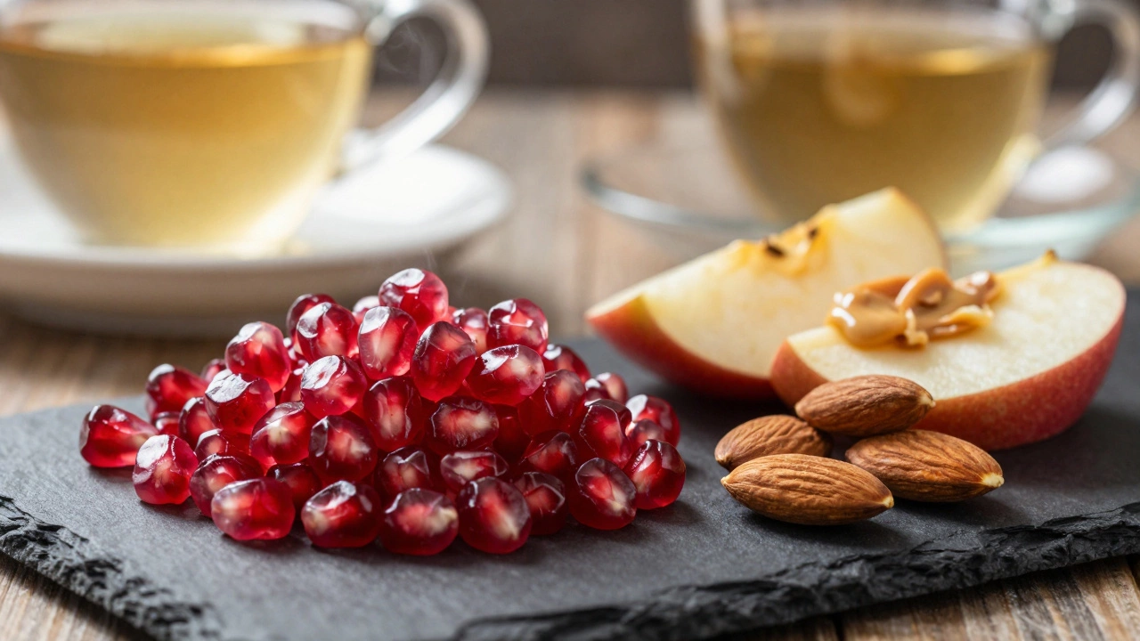 Pomegranate seeds, almonds, and apple slices arranged as a healthy snack