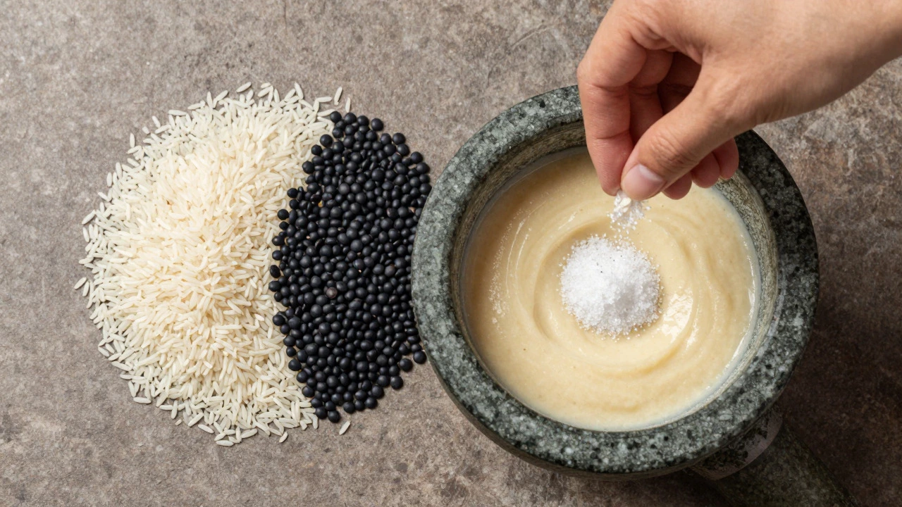 Rice, lentils, and batter arranged with salt being added