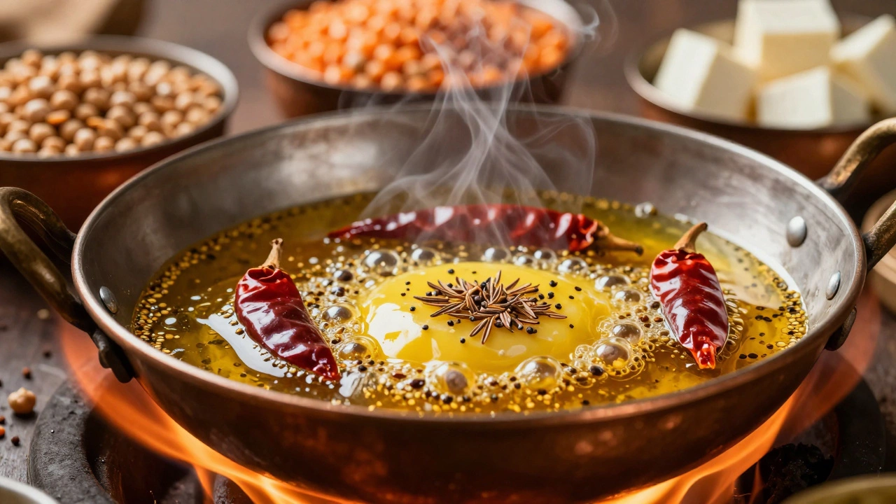 Spices sizzling in ghee for Indian tadka tempering