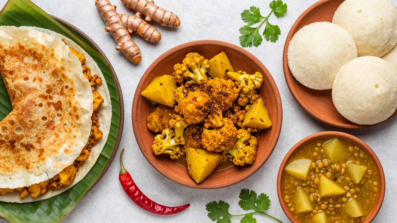Top-down view of diverse Indian potato dishes including dosa, idli, and curry