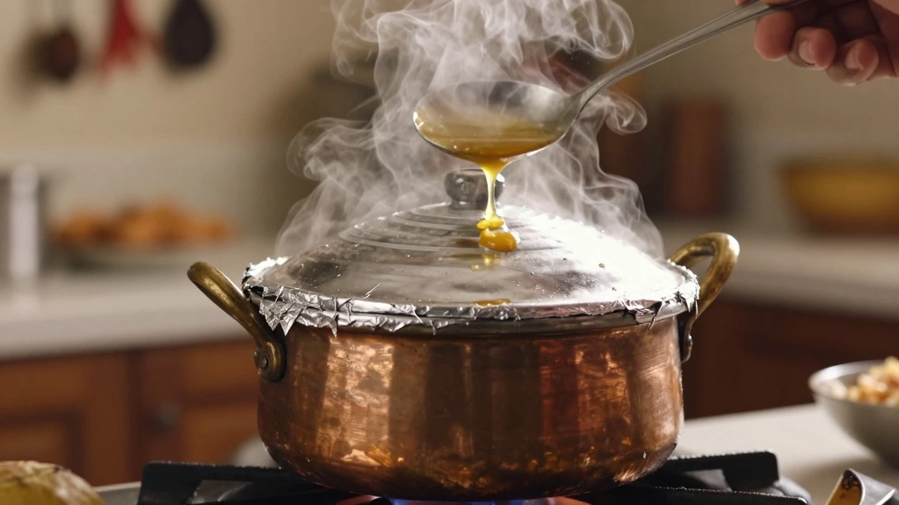 A sealed biryani pot during dum cooking, with steam rising and ghee being prepared.