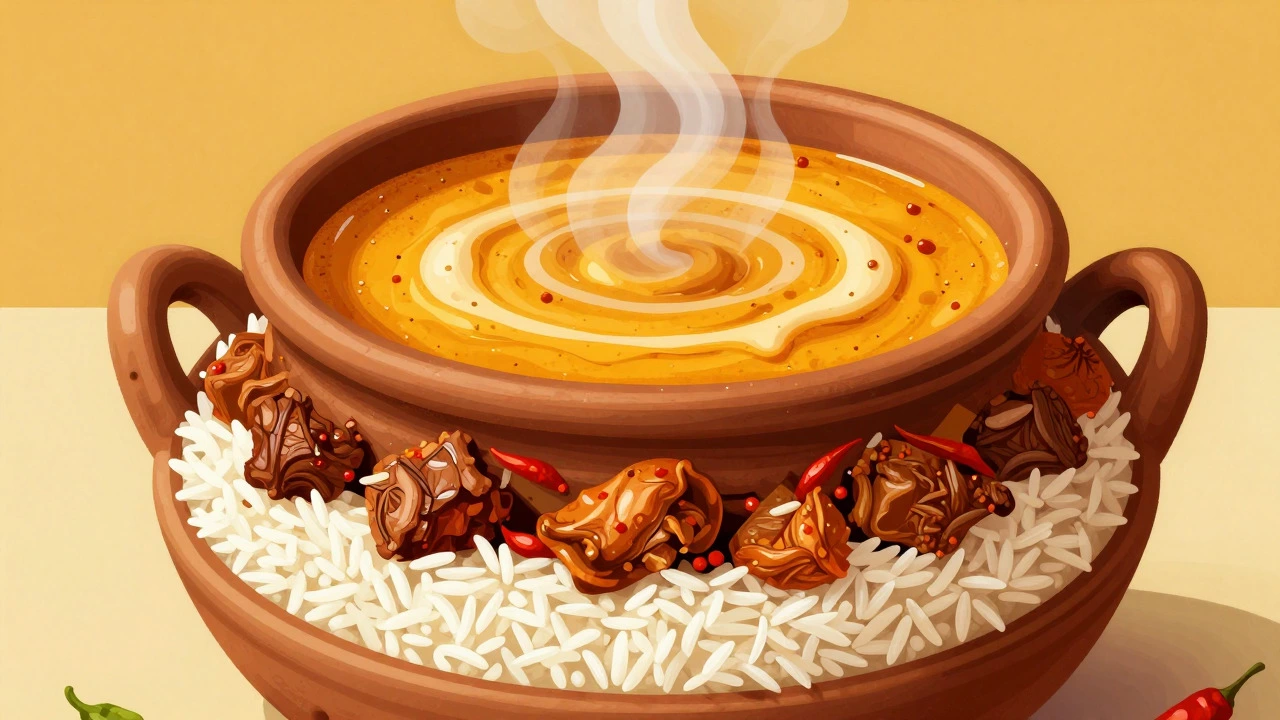 Abstract representation of layered Indian curry ingredients in a cooking pot