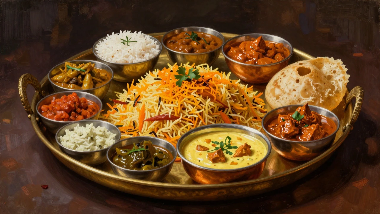 An assortment of regional Indian dishes served on a traditional brass thali