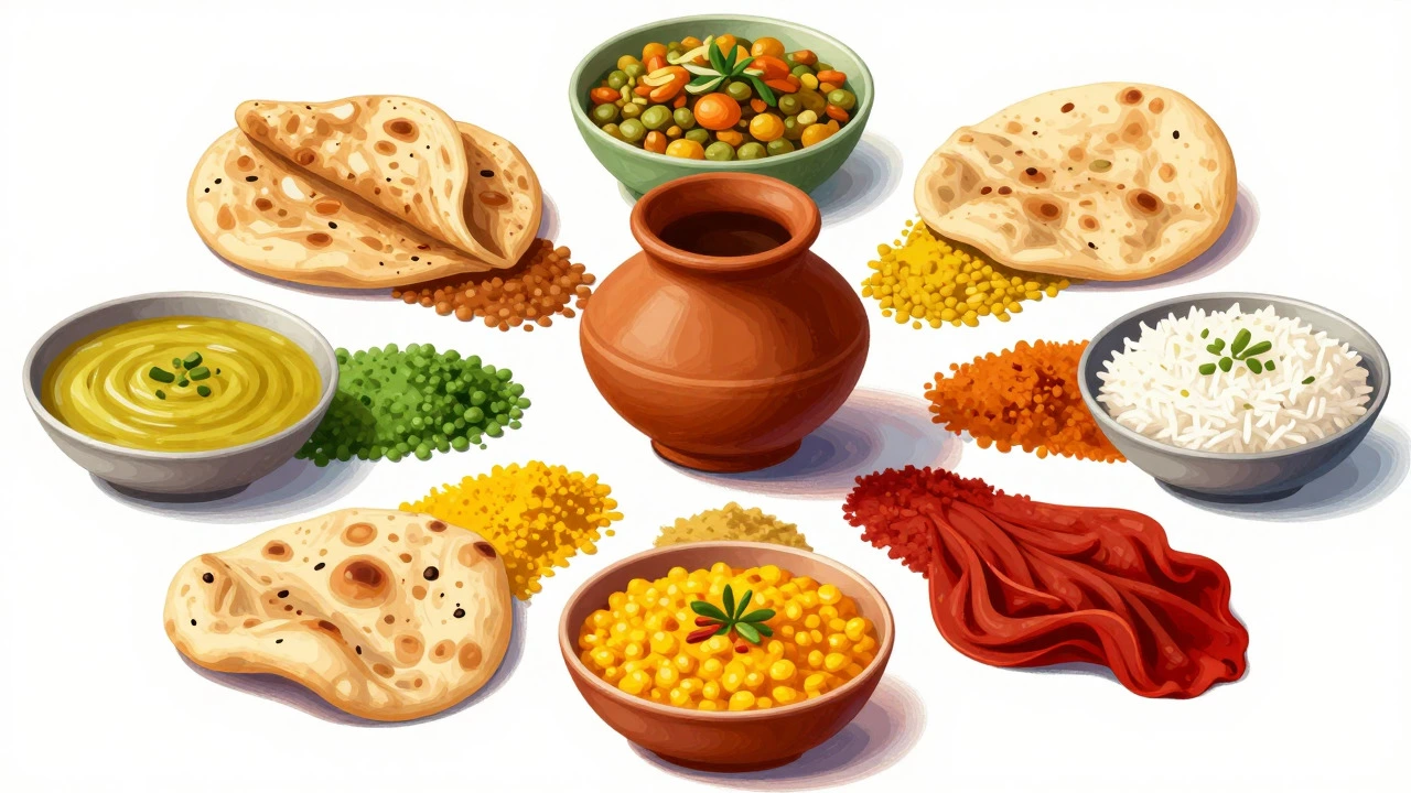 Artistic arrangement of various regional Indian dal preparations in a circular pattern