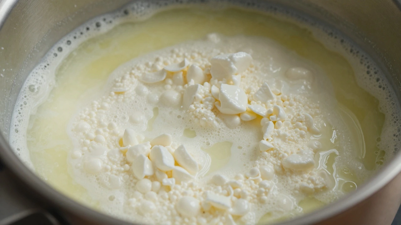 Close-up of milk curdling into white solids and yellow whey