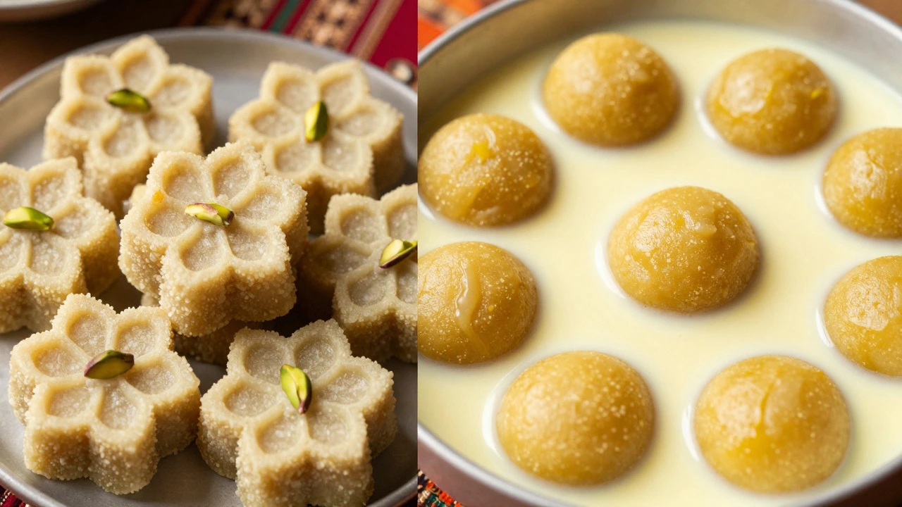 Comparison of dry sandesh and wet rasmalai indian sweets