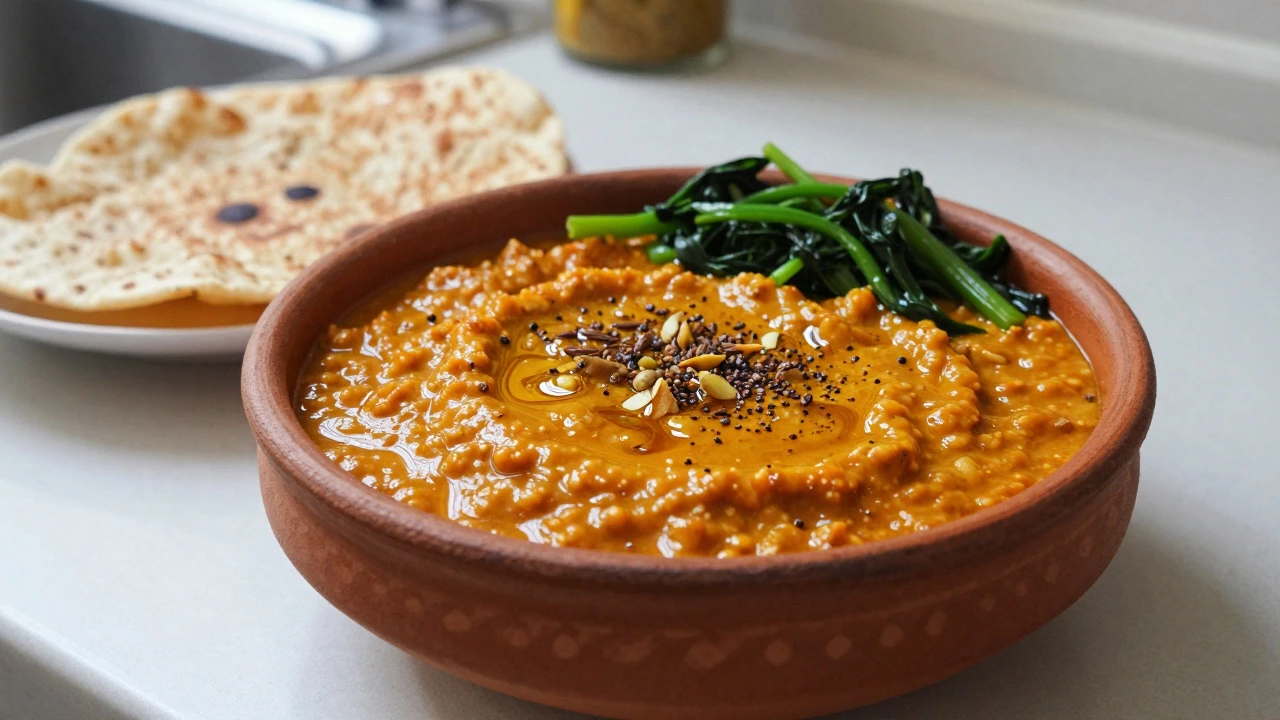 Creamy masoor dal dish served with millet roti and greens