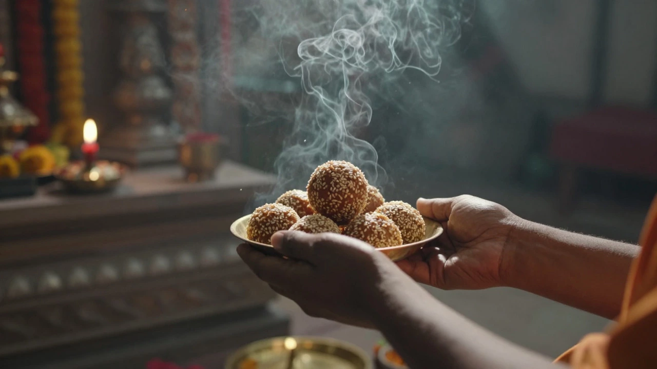 Hands offering til ladoo prasad at a temple altar