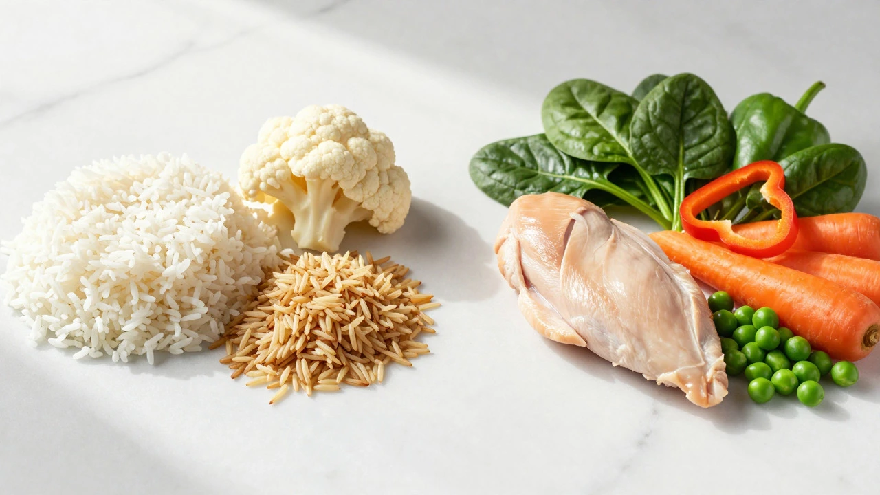 Healthy biryani ingredients: brown rice, cauliflower, lean chicken, and veggies