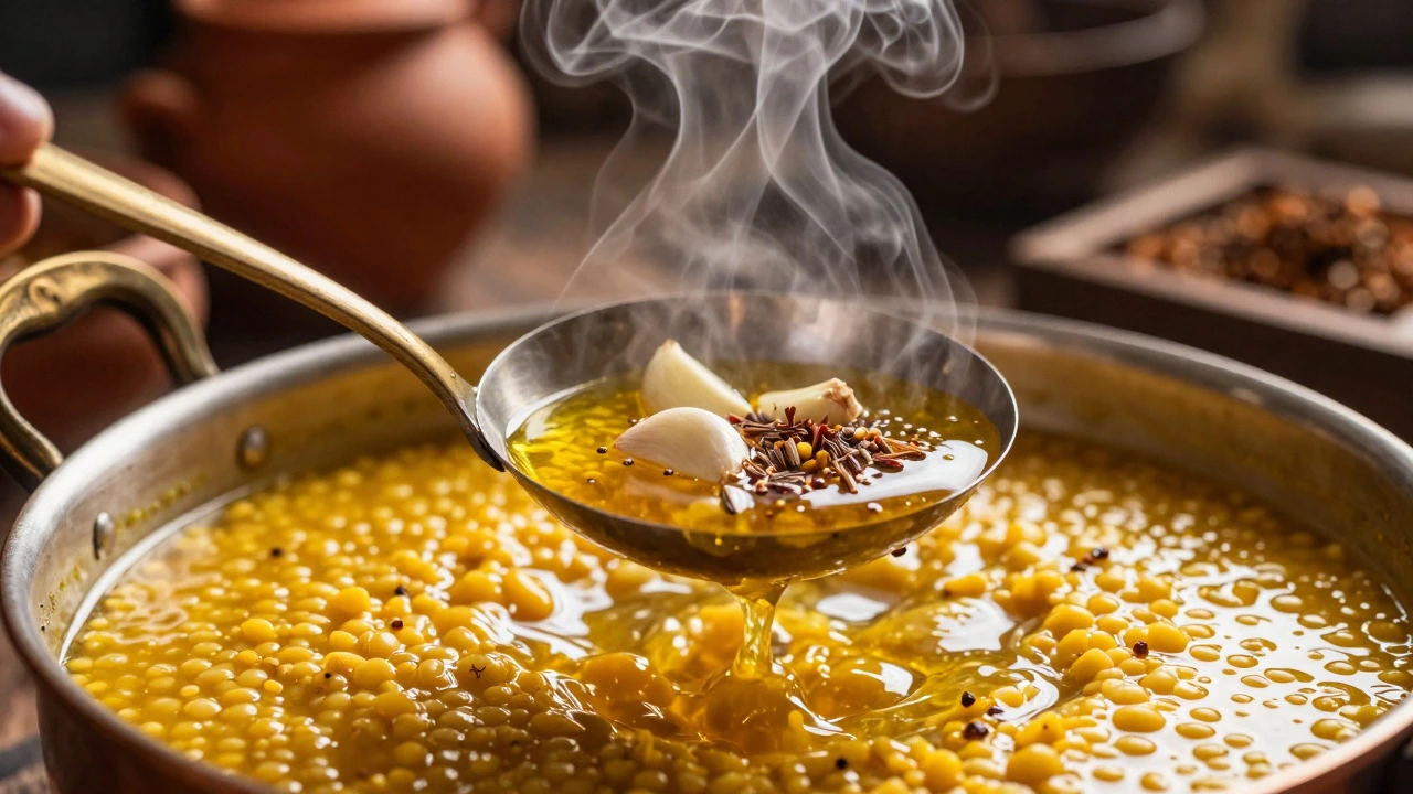 Hot oil and spices being tempered over a pot of simmering yellow lentil dal