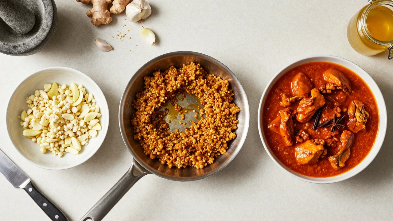 Overhead view showing raw, sautéed, and cooked stages of curry aromatics and final dish