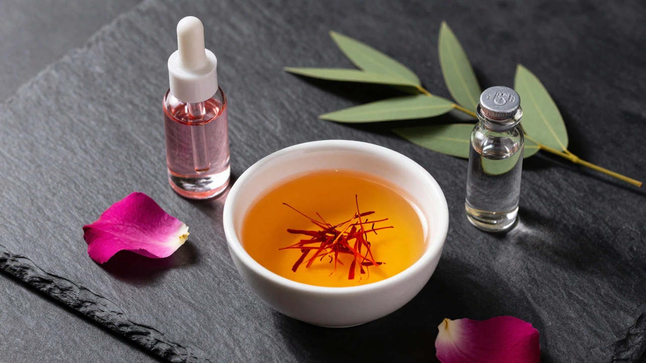 Saffron milk, rose water, and kewra water arranged elegantly on a dark stone surface.