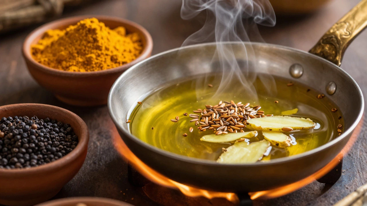 Sizzling spices including turmeric, cumin, and ginger in oil