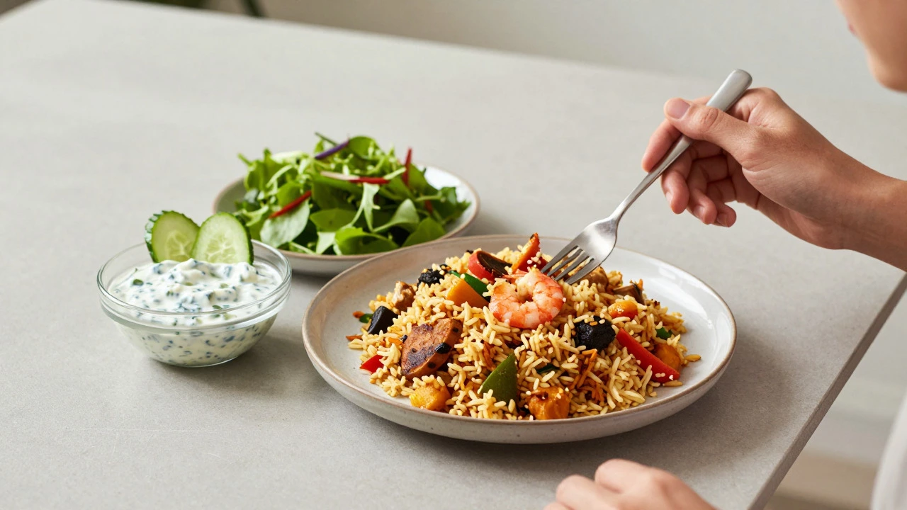 Small portion of healthy vegetable biryani with salad and raita on a table