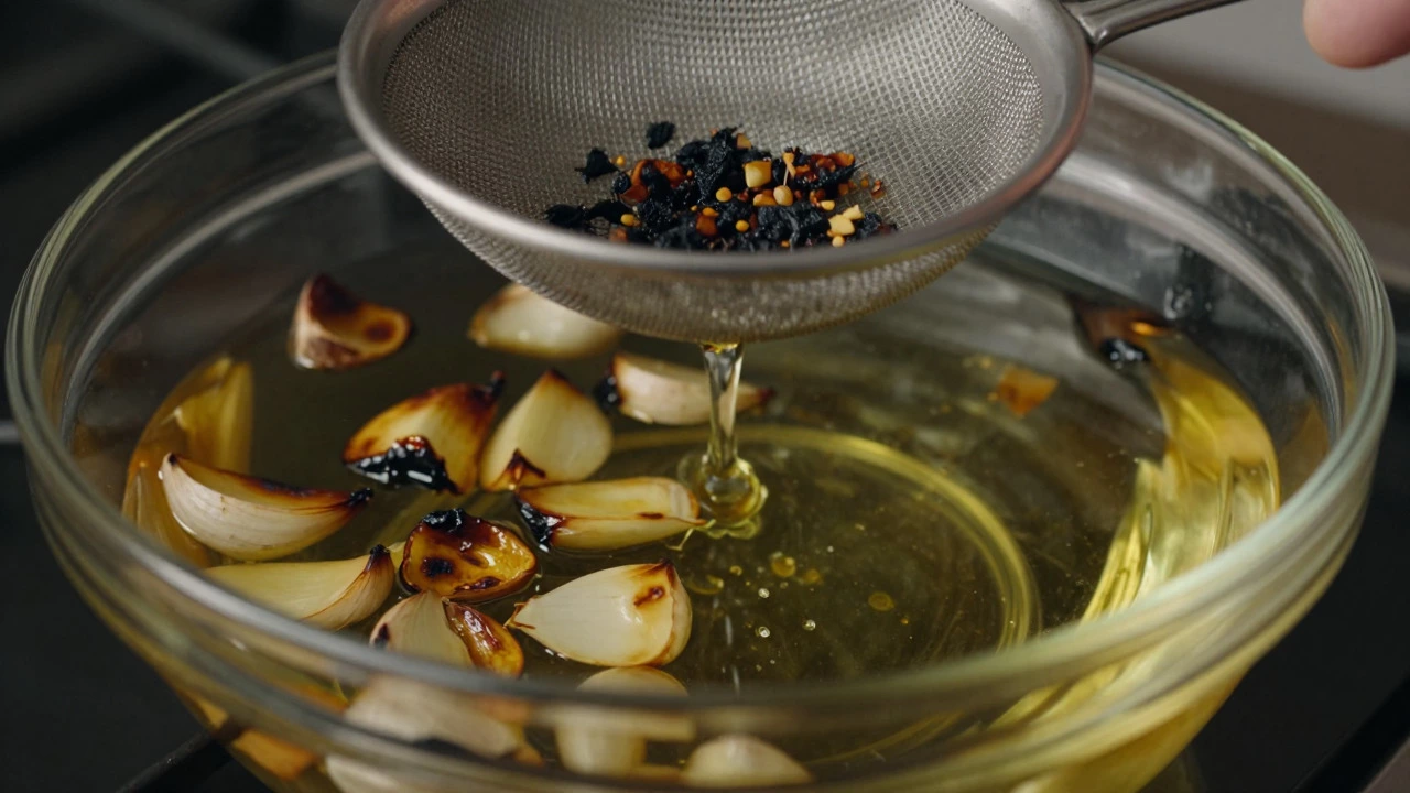 Straining oil from burnt garlic pieces using a sieve to fix a cooking mistake