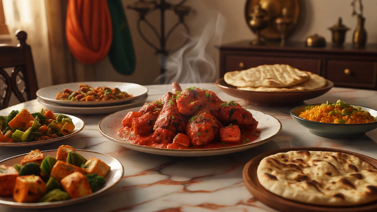 A festive dinner table featuring chicken curry alongside traditional Indian sides.