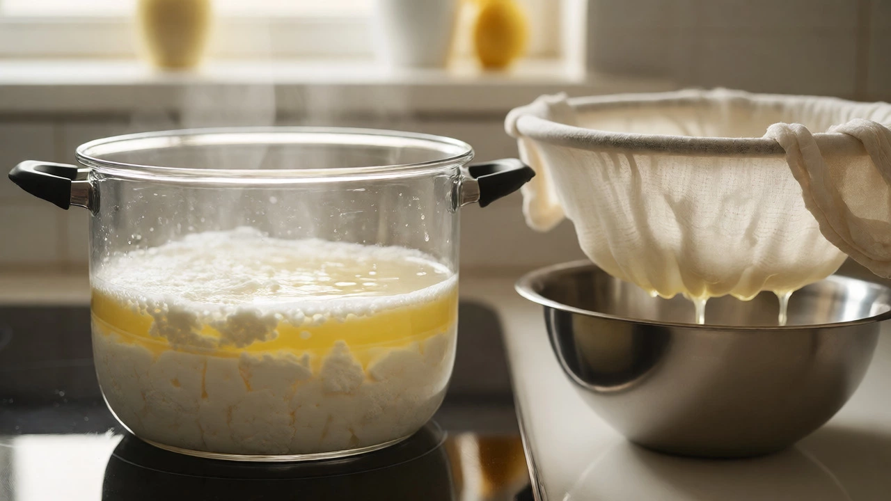 Boiling milk curdling into paneer next to a hanging muslin cloth