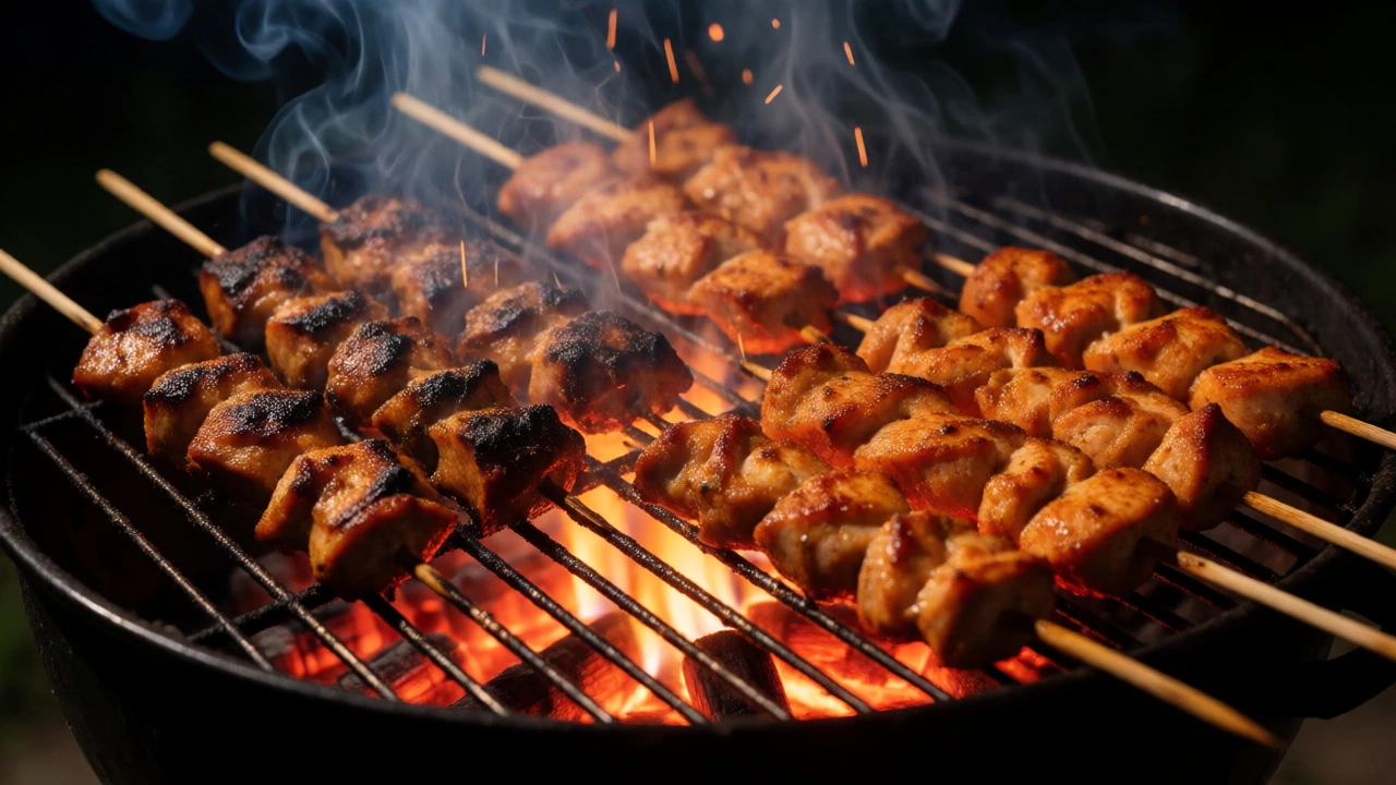 Chicken skewers grilling over coals with some parts burnt from excess sugar