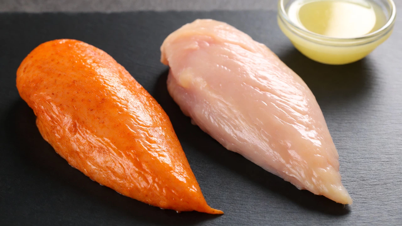 Comparison of fresh marinated chicken versus chalky over-acidified chicken