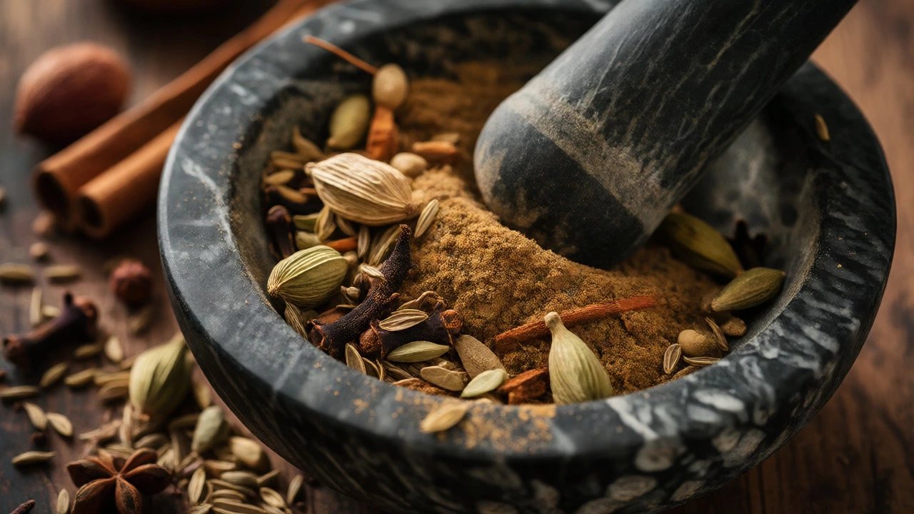 Freshly ground garam masala spices in a stone mortar and pestle