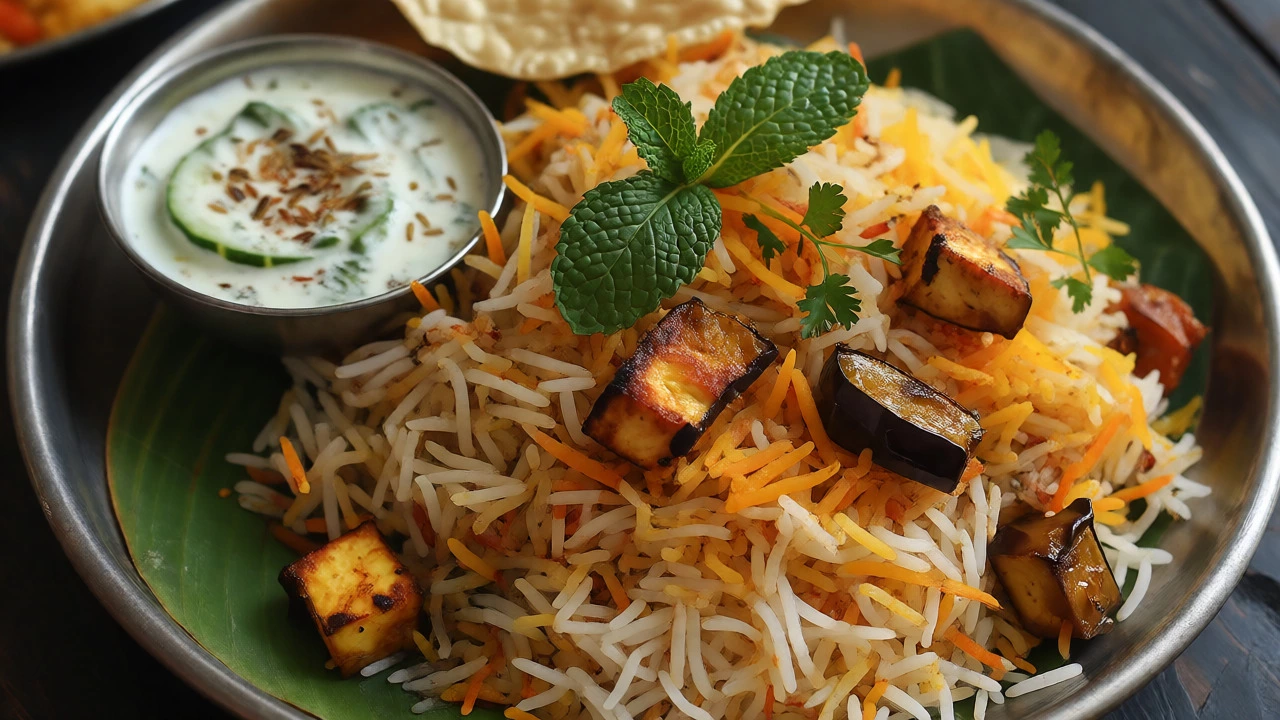Plated vegetable biryani with paneer and raita served on a traditional steel plate
