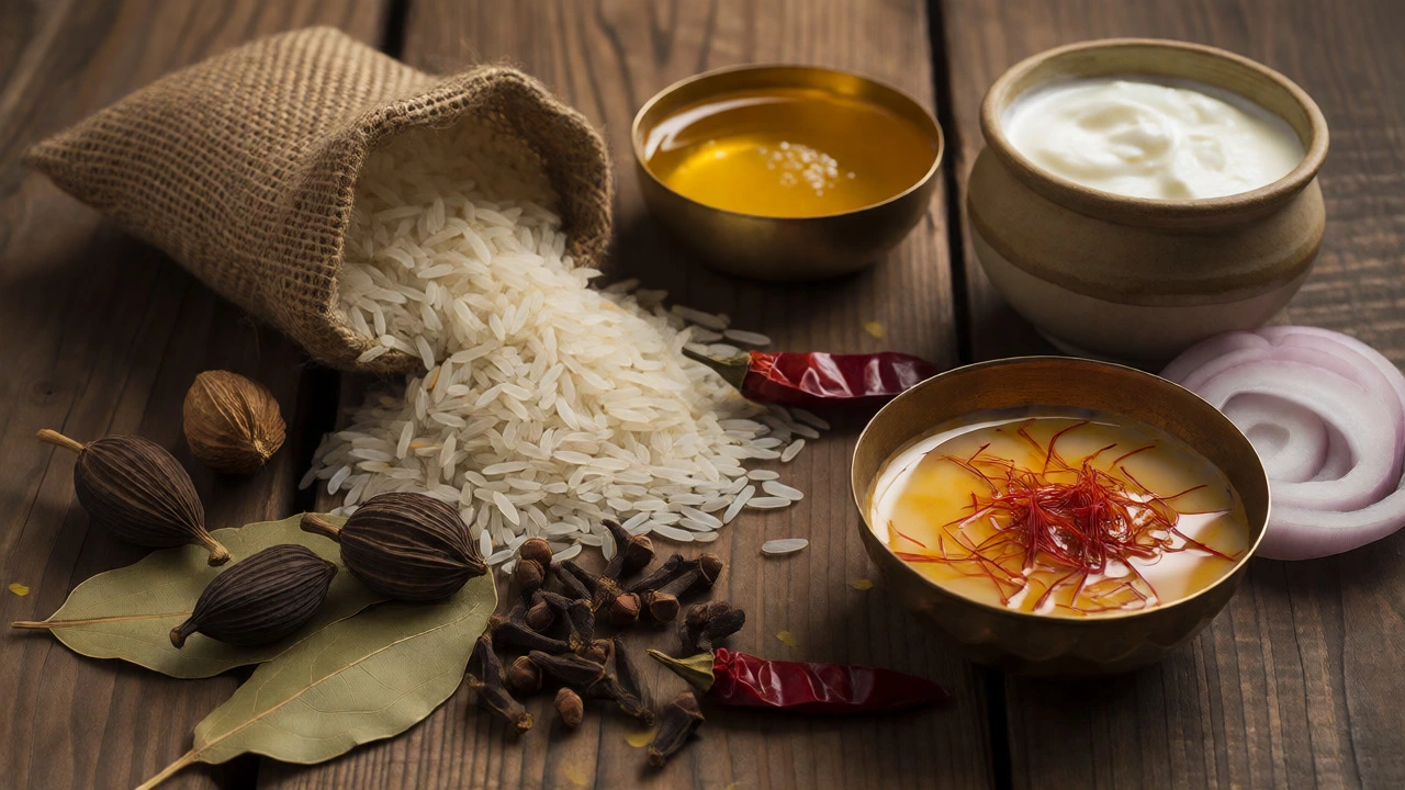 Raw ingredients for veg biryani including basmati rice, spices, ghee, and saffron