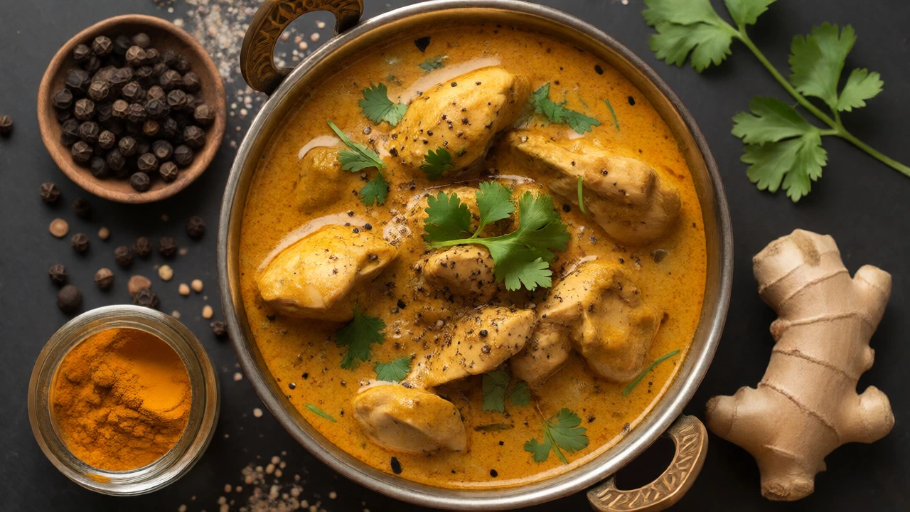 Rich golden chicken curry in a copper bowl with turmeric and black pepper nearby.
