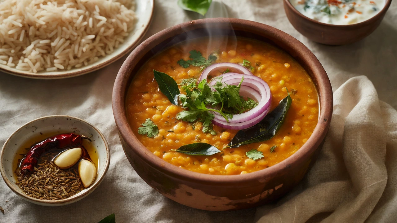 Rustic bowl of red lentil dal garnished with herbs and spices beside rice